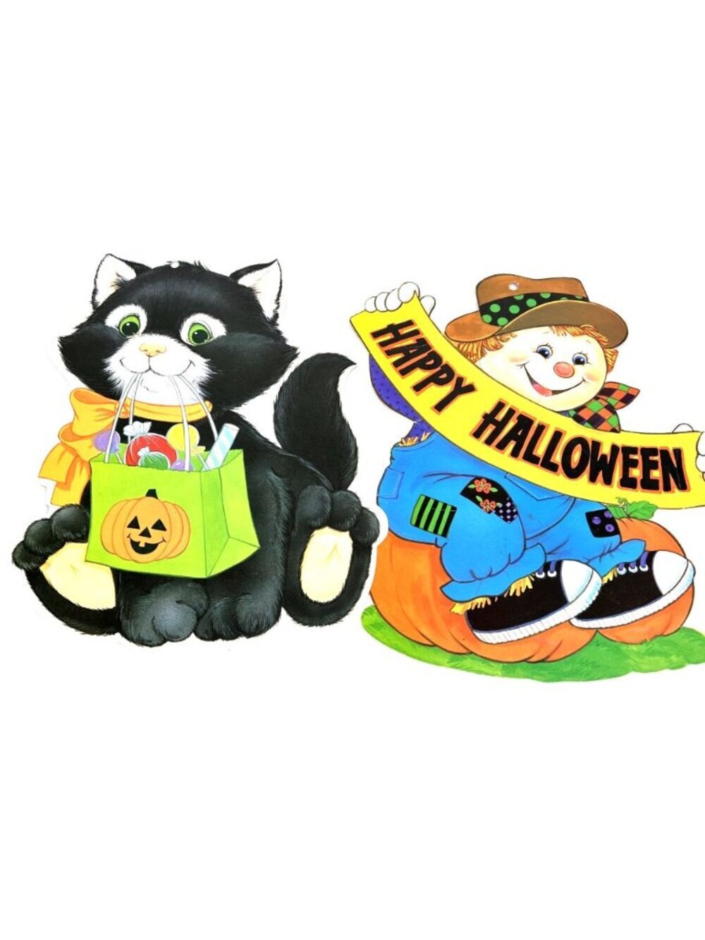 Cut Out Wall Decor Halloween Trick or Treat Cat Scarecrow Double Sided Lot of 2